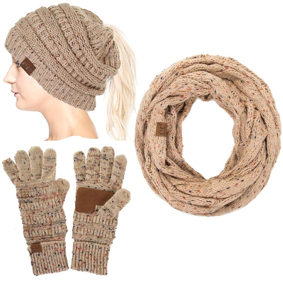 C.C 3pc Confetti Pony Beanie Gloves Scarves Set C.C 3pc Confetti Knit Beanie Ponytail Hat Infinity Scarf  main image 3